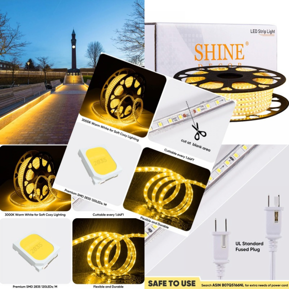 LED Strip Light 50FT 120VAC Super Bright 6337 Lumens Dimmable IP65 Waterproof for Outdoor Indoor 3000K Warm White Every 1.6ft Cuttable Proselect Lighting Strip 6x10mm ETL Listed