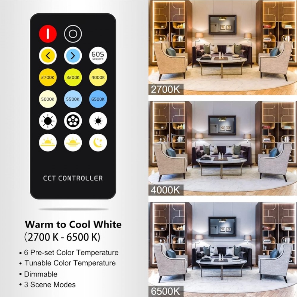 CCT COB LED Strip Lights Tunable White, 16.4ft Dimmable 2700K - 6500K 24V Tunable White LED Strip Lights Set, High Density led Strips CRI 90 UL - Listed Power ply, for Bedroom Kitchen Home DIY Lighting