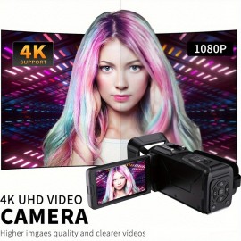 4K Vlogging Camera with 53 Million Pixels, 3-Inch IPS Screen, 18x Digital Zoom, Built-in Microphone & Supplementary Light, 32GB Memory Card, USB/Battery Powered, 16:9 Widescreen, Auto Focus, Manual Exposure Control