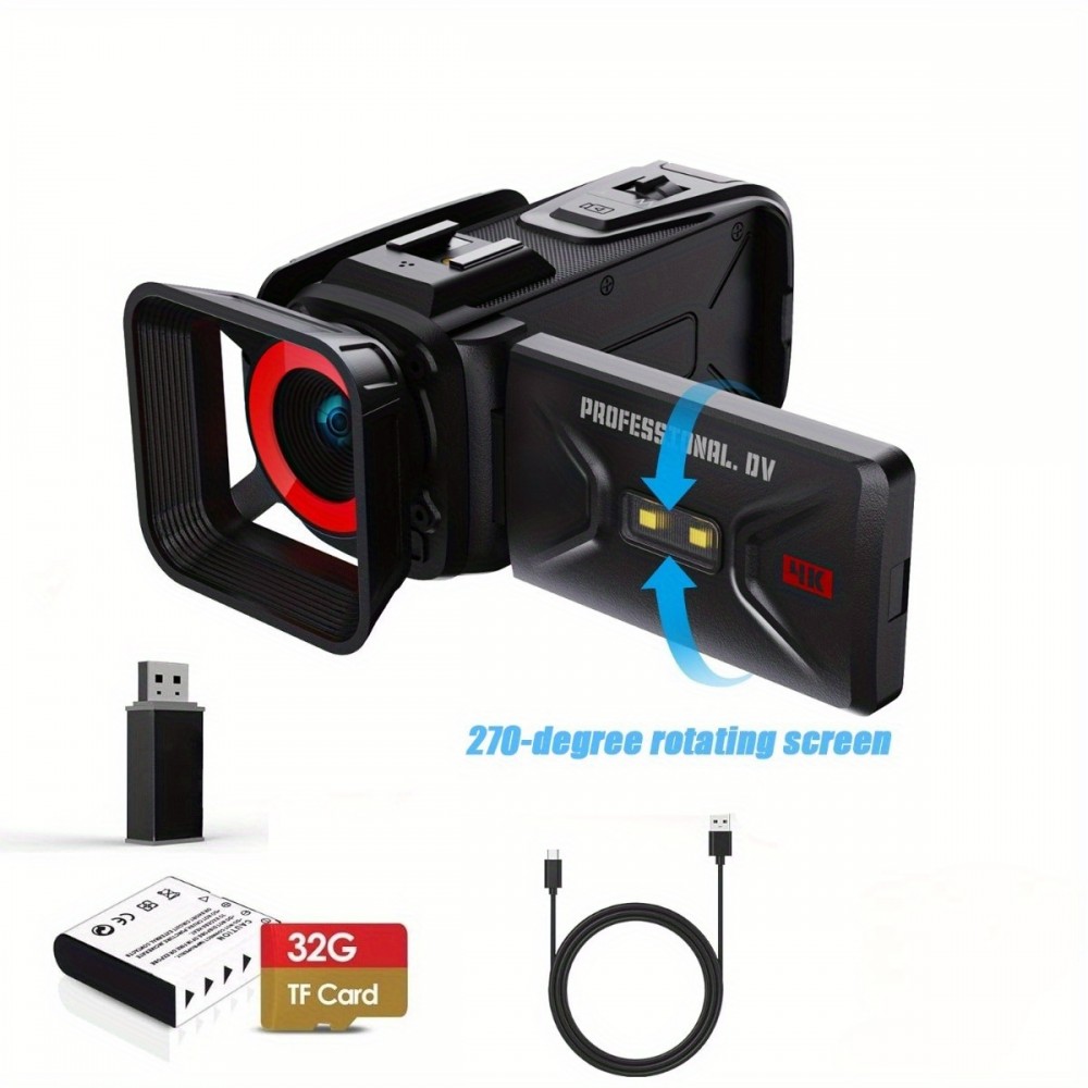 4K Vlogging Camera with 53 Million Pixels, 3-Inch IPS Screen, 18x Digital Zoom, Built-in Microphone & Supplementary Light, 32GB Memory Card, USB/Battery Powered, 16:9 Widescreen, Auto Focus, Manual Exposure Control