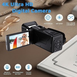 4K Vlogging Camera with 53 Million Pixels, 3-Inch IPS Screen, 18x Digital Zoom, Built-in Microphone & Supplementary Light, 32GB Memory Card, USB/Battery Powered, 16:9 Widescreen, Auto Focus, Manual Exposure Control