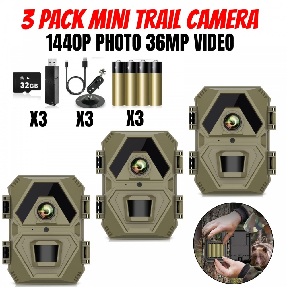 3 Pack Mini Trail Camera | 1440P Video 36MP Photo, Game Camera with Night Vision, 0.2s Trigger Time Motion Activated, IP65 Waterproof, 120° Wide-Angle, for Wildlife Monitoring, Includes Card Reader and 32GB SD Card