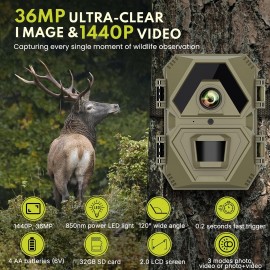 3 Pack Mini Trail Camera | 1440P Video 36MP Photo, Game Camera with Night Vision, 0.2s Trigger Time Motion Activated, IP65 Waterproof, 120° Wide-Angle, for Wildlife Monitoring, Includes Card Reader and 32GB SD Card