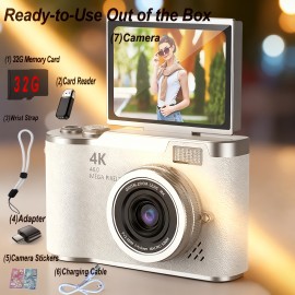 1pc 4K HD Digital Camera Bundle | Includes 32GB TF Card, Card Reader, Adapter, Camera Stickers, Wrist Strap, Charging Cable - Professional Camera for Photos, Videos, Vlogging, USB Charging, 1080p Video Resolution, Purple