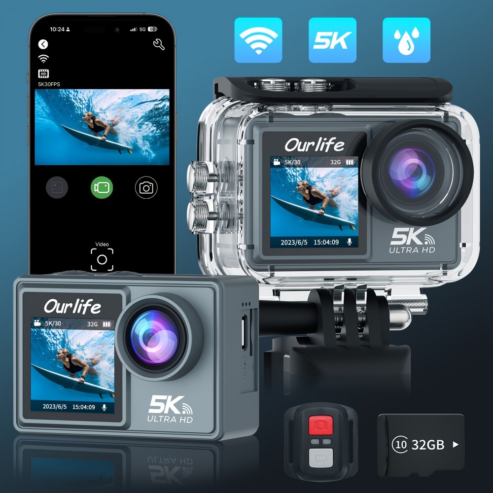 Ultra HD 5K Sports Camera, 2.0 Inch LCD Display, with 32GB Memory Card, with Remote Control, Wide Angle Lens, WIFI Underwater Camera, Skiing, Battery/USB Powered, Outdoor Cycling, Ideal Christmas And New Year Gifts for Extreme Sports Enthusiasts