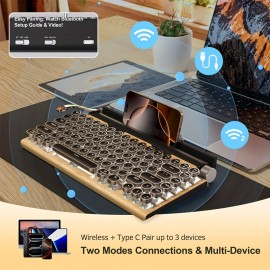 Retro Typewriter Wireless Mechanical Gaming Keyboard, Wireless Office Computer Vintage Keyboards 83-Key Blue Switches Punk Round Keycap, LED Backlight, Compatible With PC/Laptop/Pad/Phone