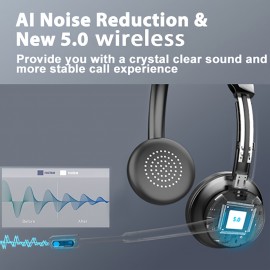 Earbay Wireless Headset with Noise Cancelling Mic, Faux Leather Semi-Open-Back Headphones, Retractable Cable, Push Button Call Control, Dynamic Microphone, USB Type-C Charging, 250mAh Rechargeable Lithium Polymer Battery, Compatible with Laptop for Work, Non-Waterproof, for Call Center/Office/Truckers