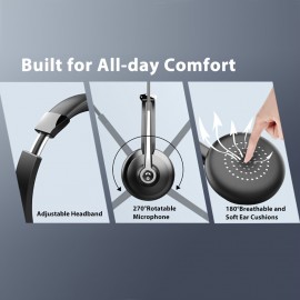 Earbay Wireless Headset with Noise Cancelling Mic, Faux Leather Semi-Open-Back Headphones, Retractable Cable, Push Button Call Control, Dynamic Microphone, USB Type-C Charging, 250mAh Rechargeable Lithium Polymer Battery, Compatible with Laptop for Work, Non-Waterproof, for Call Center/Office/Truckers