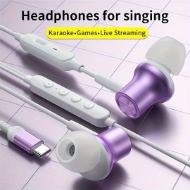 Type-C Wired Voice-Changing Earphones, Intra-Auricular Karaoke Buds with Sound Card and Volume Control Buttons for Multi-Mood Effects, Suitable for Live Streaming & Recording Singing, 3D Stereo HIFI Quality Gaming Music Vocal