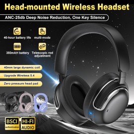 ANC Wireless Headphone 25dB Deep Noise Canceling Hi-Fi Audio Earphone with Bluetooth 5.4 Over Ear Headset Adjustable Headband Structure Zero Pressure Head Wrap Earmuffs, Immersive Audio Experience, Deep Sound Isolation, Comfortable Headphones