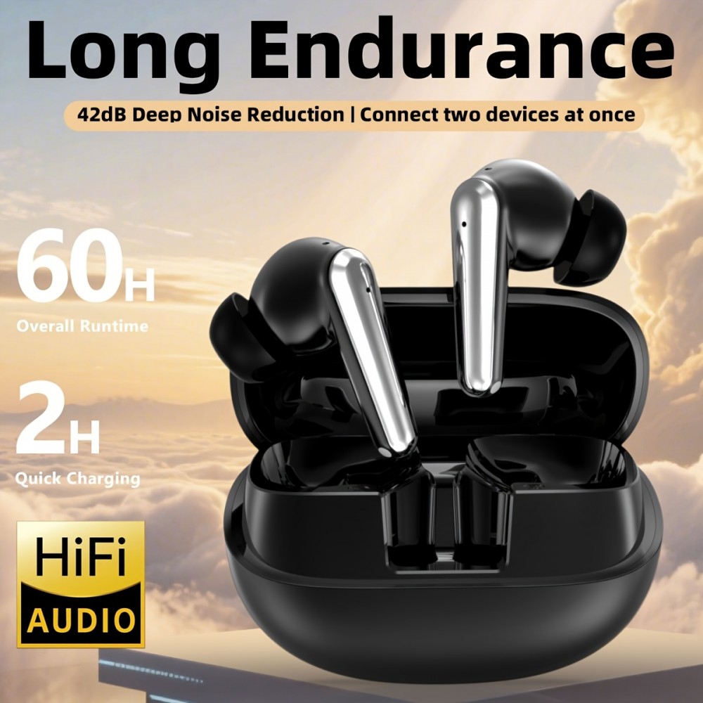 Wireless Earbuds with Deep Bass Stereo Sound, 50-hour Playback Time, ENC Noise-canceling Call Function, Extended Standby Time, Long Battery Life, Power Indicator Light, Compatible with All Mobile Phones